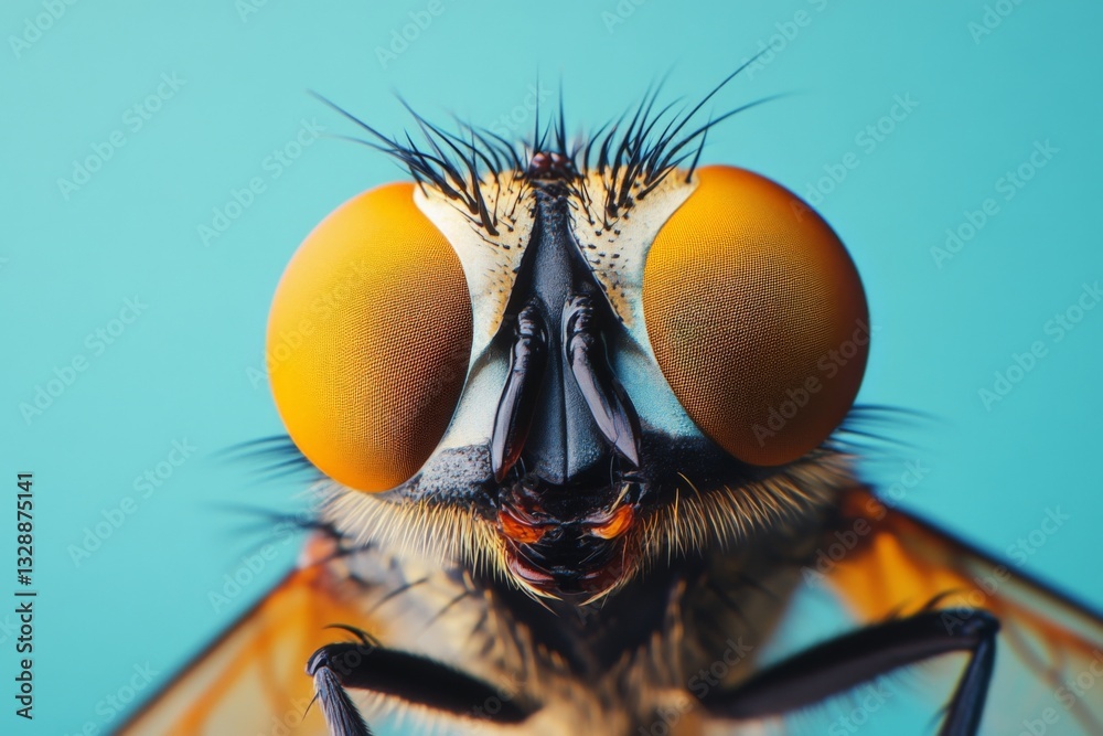 Poster close-up view of a colorful insect with large eyes against a vibrant background