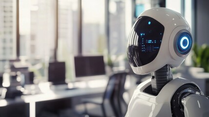 A futuristic personal assistant robot, office with robot performing tasks like organizing and filing, Home-tech style