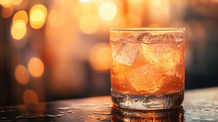 Frosty cocktail in a bar, icy glass with condensation, blurred warm lights in the background, evoking a cozy nightlife vibe.
