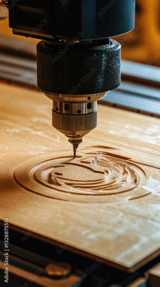 Poster a close-up view of a machine cutting a piece of wood, ideal for use in industrial or manufacturing c