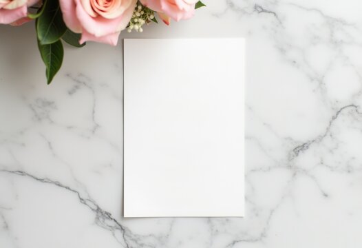 Blank paper mockup on marble surface with pink roses