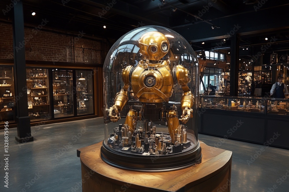 Poster futuristic robot display in an urban exhibit featuring intricate collectibles and warm lighting