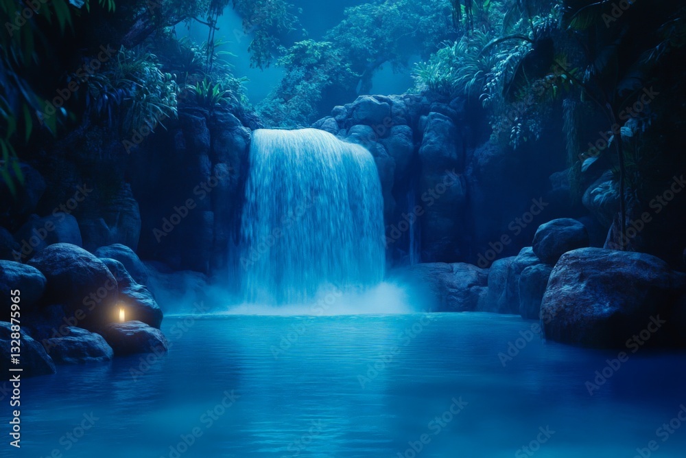 Aufkleber Tranquil forest setting with a mesmerizing waterfall cascading into a serene pool at dusk