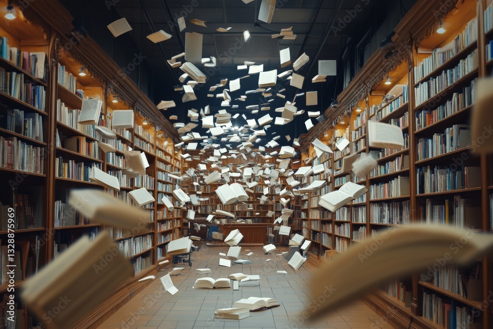Poster Floating books in a library create an enchanting atmosphere during the night