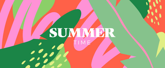 Summer abstract horizontal background with tropical leaves. Modern template with simple plants for summer time concept. Minimal trendy design for print, cover, poster, social media, ads, banner