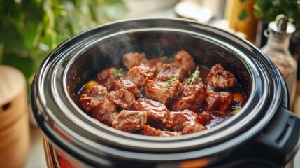 Fototapeta premium A high-quality image of pork ribs simmering in a flavorful barbecue sauce in a slow cooker, with a focus on the tender, juicy meat and rich sauce.