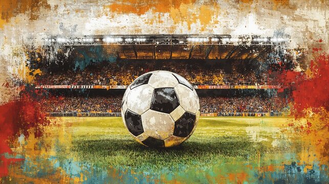 Vibrant Soccer Ball Awaits Game Start Dynamic Painted Stadium Background. AI Generated
