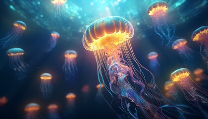 Fototapeta premium Deep ocean with mysterious glowing jellyfish drifting in soft motion blur, creating an ethereal and otherworldly atmosphere