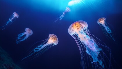 Fototapeta premium Deep ocean with mysterious glowing jellyfish drifting in soft motion blur, creating an ethereal and otherworldly atmosphere