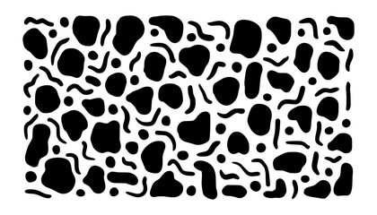 Hand drawn abstract blobs with lines pattern, black monochrome background. Marker lines, spots, grunge texture, doodle vector sketch illustration.