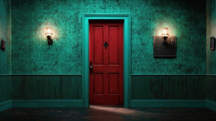 Mysterious and Vibrant Red Door at Night in a Green Wall Hallway with Dramatic Lighting Creating an Eerie Atmosphere for Creative Use
