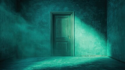 Mysterious Green Door Illuminated by Soft Light in Dark Room with Fog for Atmospheric Conceptual and Surreal Imagery