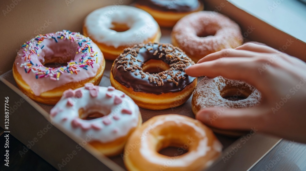 Poster A high-resolution image of a hand reaching for a donut from a box of assorted donuts, with a focus on the tempting texture and toppings of the donut.