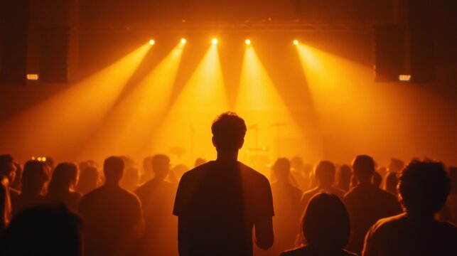 Silhouette of a Crowd at a Concert Under Dramatic Yellow Stage Lights Capturing the Essence of Live Music Atmosphere and Audience Engagement