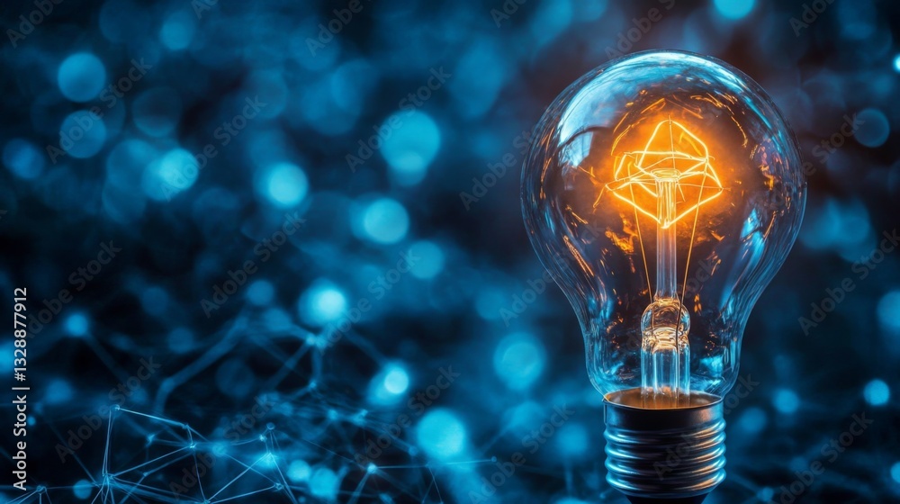 Poster A high-resolution image of a light bulb with a glowing filament, symbolizing a bright new idea or breakthrough concept against a dark background.