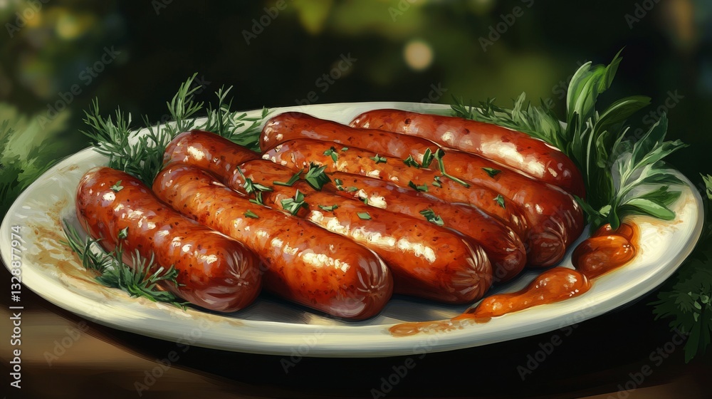 Poster a high-resolution image of a plate of cooked sausages with a focus on their juicy, plump texture and