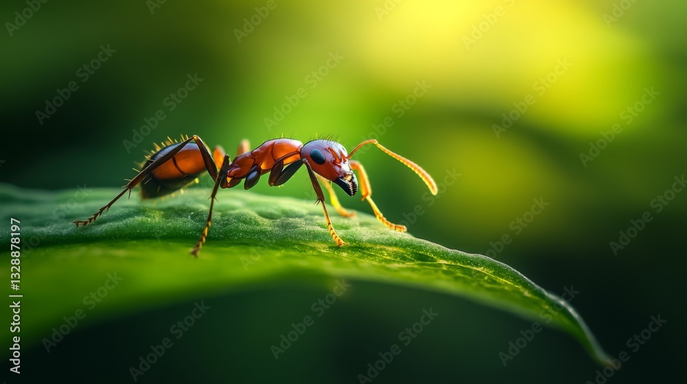 Poster A high-resolution image of a single ant on a green leaf, showcasing its fine details and texture as it explores its environment in a natural setting.