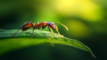 Naklejka premium A high-resolution image of a single ant on a green leaf, showcasing its fine details and texture as it explores its environment in a natural setting.