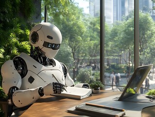 Fototapeta premium A photorealistic image of a robot sitting at a desk writing in a notebook with a clear focus on its tasks