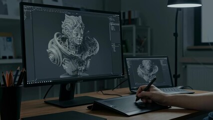 Caucasian man 3D artist sculpting a human bust on a computer using a graphic tablet. Digital art creation and sculpting in progress, freelance artist video footage
