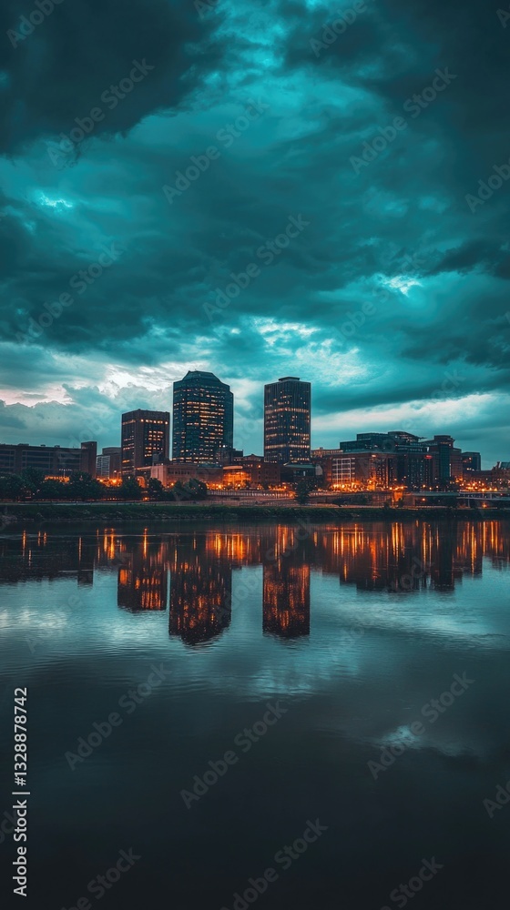 Poster tall buildings surrounding a lake or river with calm waters, suitable for cityscape or architecture 