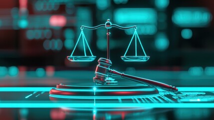Vibrant Digital Illustration of Justice Scales and Gavel Reflecting Modern Legal Concept in Futuristic Environment