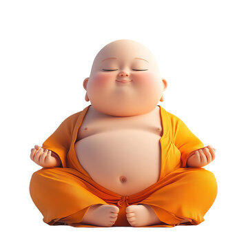 This image shows a cartoon illustration of a monk in a meditative pose with his eyes closed and smiling.