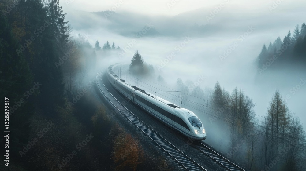 Poster a high-speed train emerging from a foggy forest, with mist surrounding the tracks and creating a mys