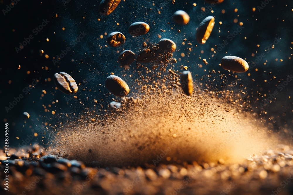 Poster Floating coffee beans create a dramatic display of dust and light in a dark setting