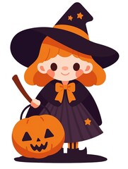 Cute Halloween Witch Girl with Pumpkin