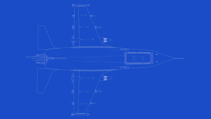 3d rendering of a fighter jet blueprint