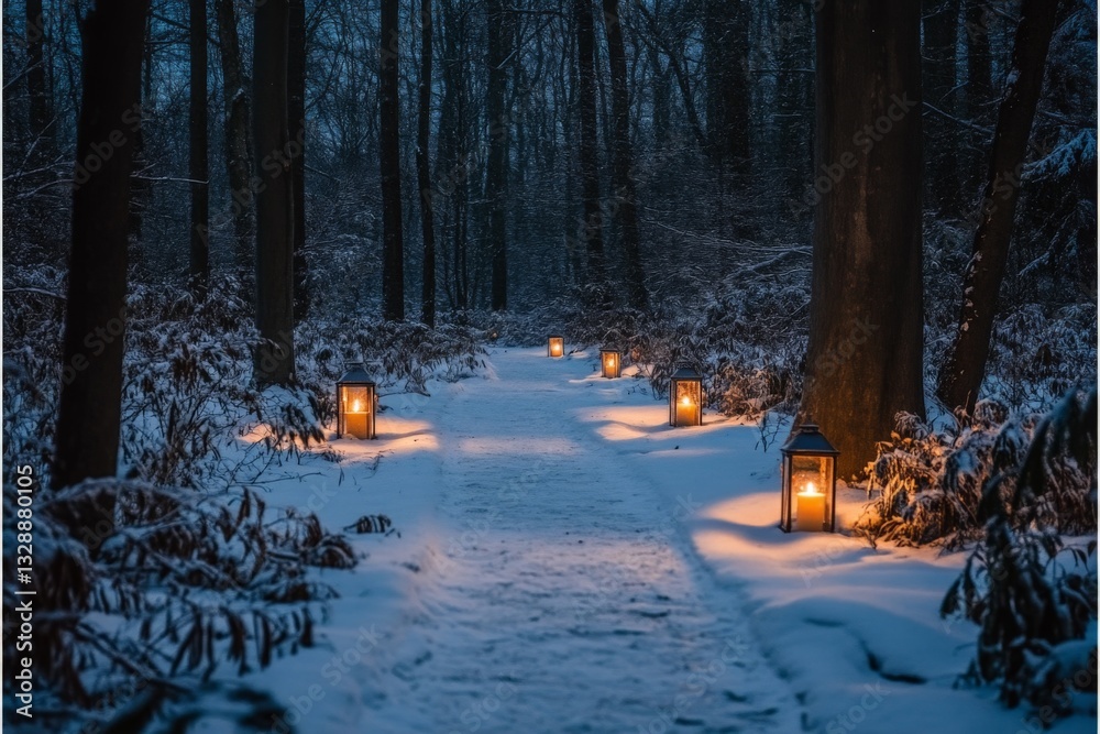 Aufkleber snow-covered path illuminated by lanterns creates a magical atmosphere in the forest during winter t