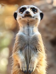 Fototapeta premium Curious meerkat standing on hind legs, observing visitors intently