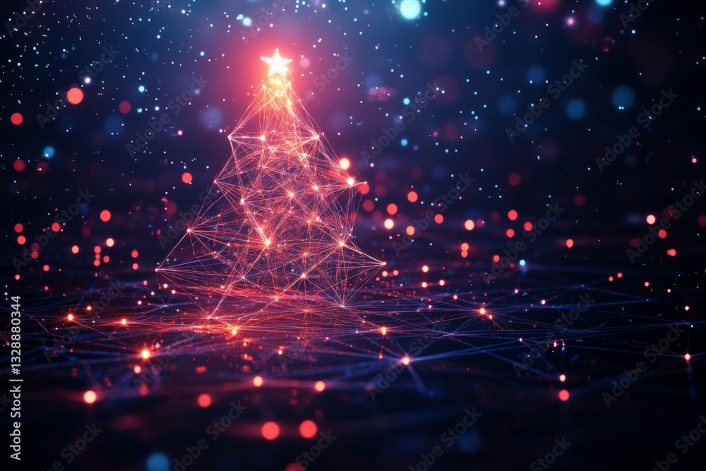 Poster Colorful digital Christmas tree with lights and sparkles on a dark background creates a festive atmosphere for holiday celebrations