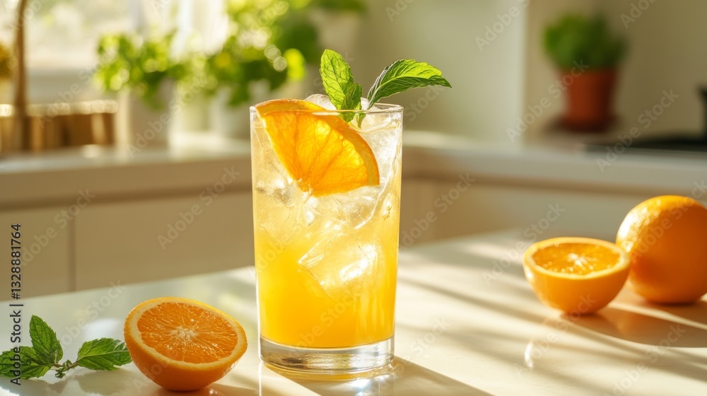 Poster A refreshing glass of freshly squeezed  with ice cubes, garnished with a slice of orange and a mint sprig, set on a bright, sunlit kitchen counter.