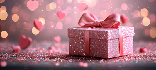 Fototapeta premium A beautifully wrapped pink gift box, perfect for Valentine's Day, birthdays, and International Women's Day celebrations. Ideal for creating romantic sale banners.
