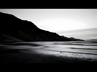 Fototapeta premium Dramatic Black and White Landscape Photography of Beach, Mountains, and Sky - Nature Scenery.