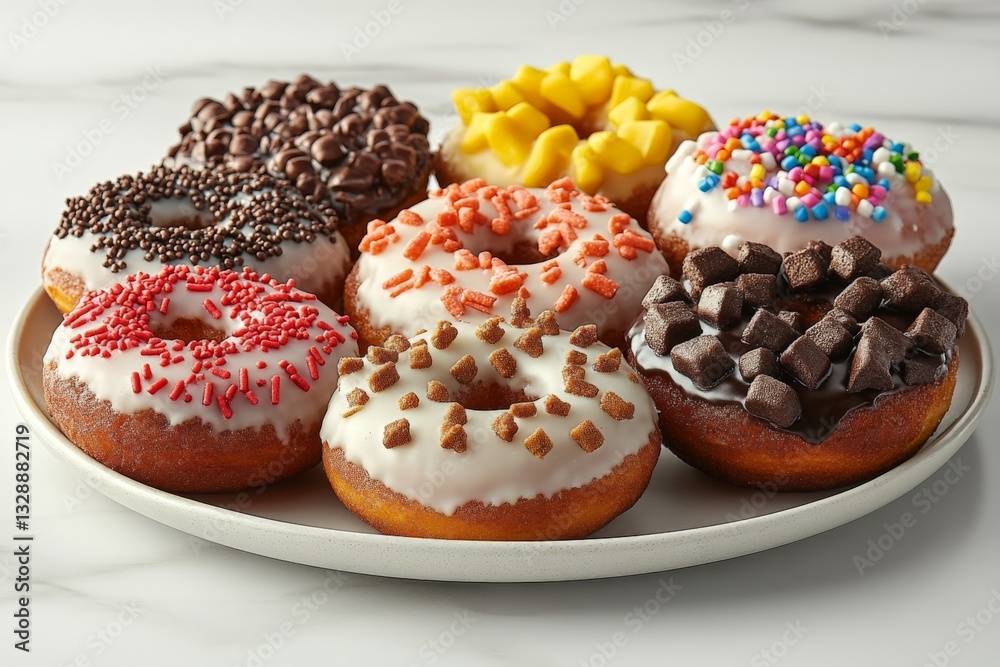 Aufkleber Assorted colorful donuts on a white plate showcasing different toppings and decorations at a bakery