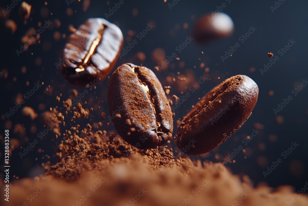 Aufkleber roasted coffee beans hover above finely ground coffee creating an inviting aroma and rich texture in