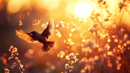 Fototapeta premium A serene photo of a bird flying close to a sunset or sunrise, with warm, golden hues highlighting the silhouette of the bird and creating a peaceful atmosphere.