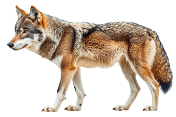 Wolf standing on a transparent background in natural pose