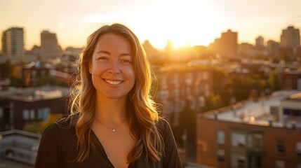 Fototapeta premium Solar panels on the rooftops of a modern city during golden hour.