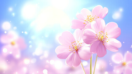 Beautiful pink flowers against soft blue background with bokeh