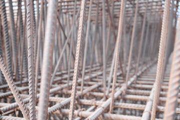 Metal framework of industrial reinforced concrete foundation. Reinforcement framework of cast-in-place structure