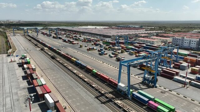 Nairobi, Kenya - 01 February 2025: Aerial view of Nairobi Inland Container Depot with stacked containers and cranes, Nairobi, Nairobi, Kenya.
