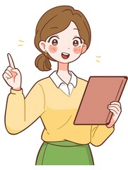 Happy Woman Presenting  Book  Idea  Pointer Finger  Illustration
