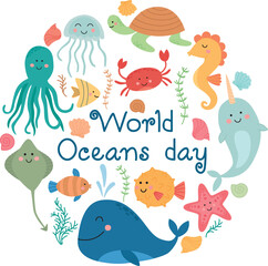 World oceans day concept with funny sea animals in circle form. Cute bright underwater characters on round banner 