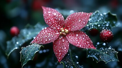 Dew-kissed poinsettia with holly berries.