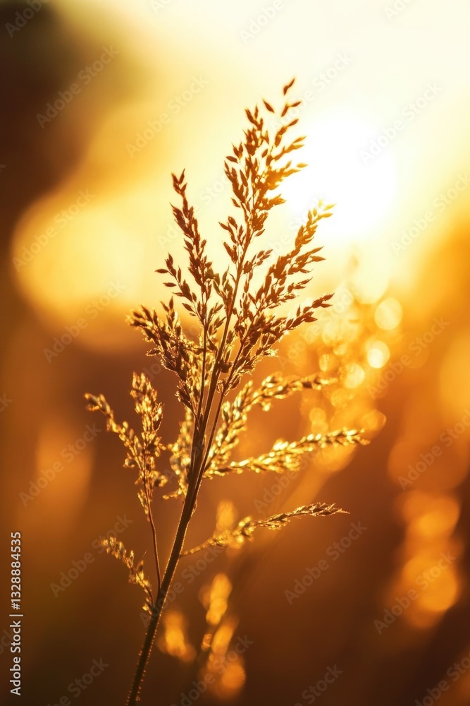 Poster a detailed view of a plant with the warm glow of sunlight in the background, ideal for uses such as 