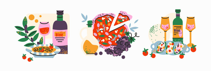 Italian food stickers. Set of traditional dishes: pasta, pizza, cheese, ravioli, wine, olives. Cartoon stickers Italian delicacies. Vector set of elements